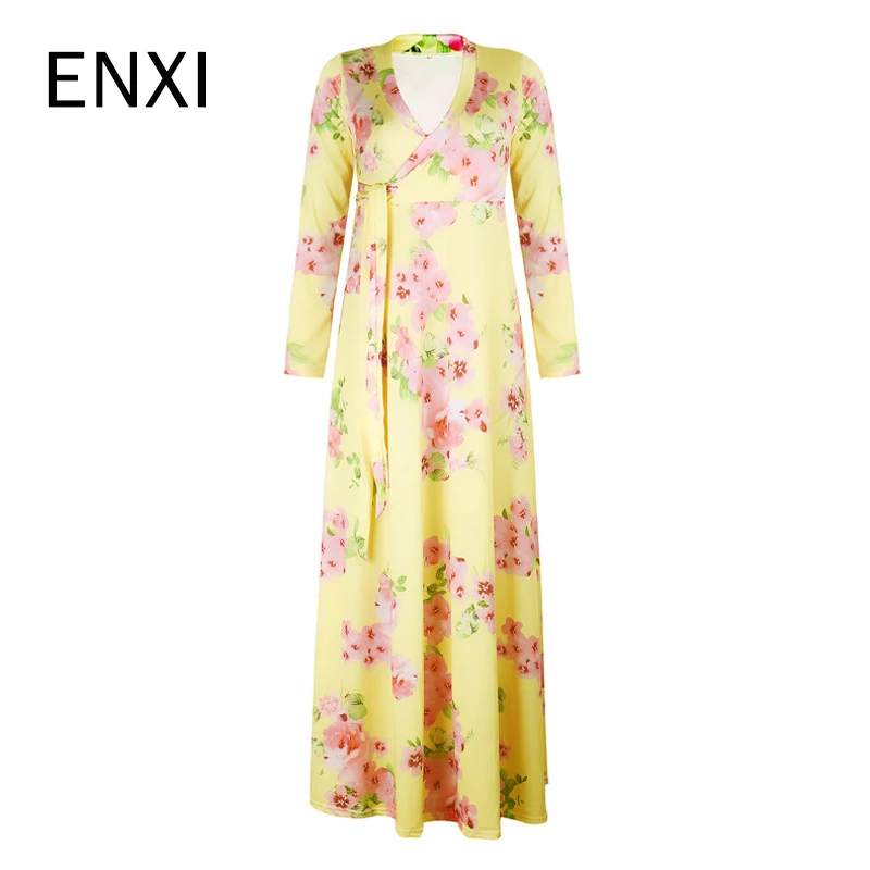 

ENXI High waisted Maternity Dresses Pregnant Dress For Photo Shoot Pregnancy Plus Size Dress Long Floral Print Vestido