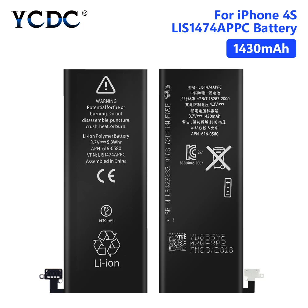 

YCDC Lithium Real capacity 3.7V 1430mAh Battery For Rechargeable Phone Bateria iPhone 4S 4GS iPhone4S Batteries Free Tools