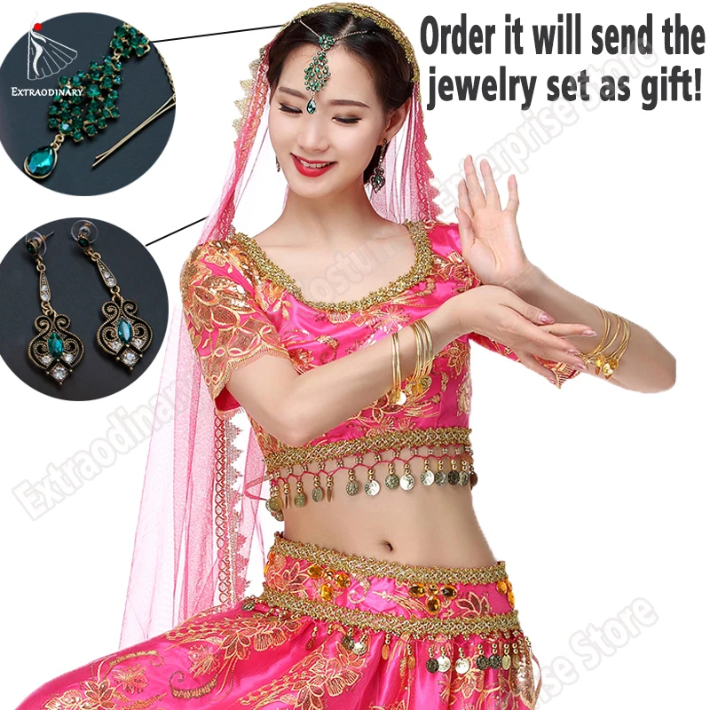 Bollywood Dance Performance Indian Dresses for Women - Costume Belly Dance Suits: Tops, Sleeve Coins (4pcs Set) - Top, Belt, Skirt, Veil image 6