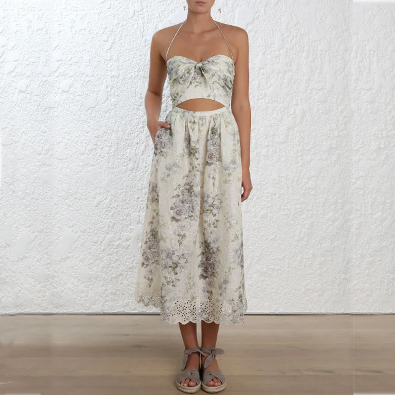 

High Quality Runway Designer Sexy Woman Maxi Dress Hanging Neck Floral Print Exposed Waist Off Shoulder Backless Long Dress