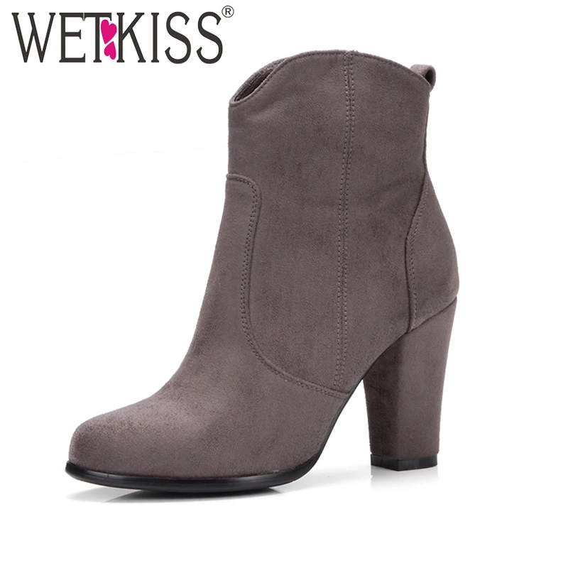 WETKISS 2017 New Arrival Ladies Ankle Boots Women Flock Side Zipper High Heels Boot Female Round