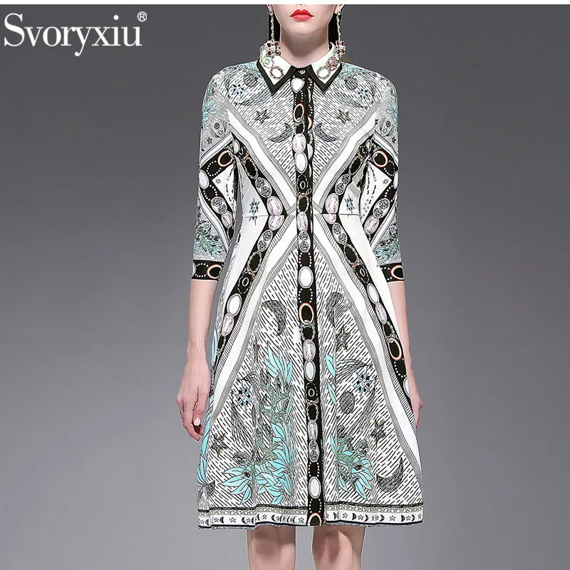 

Svoryxiu 2019 Fashion Designer Spring Summer Vintage Party Dress Women's Elegant 3/4 Sleeve Hand Painted Print Diamond Dresses