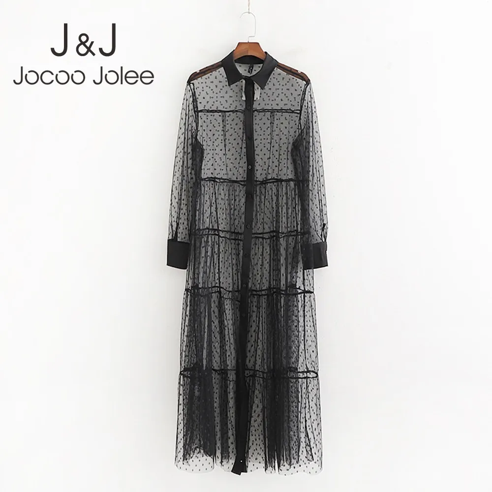 

Sexy Perspective Polka Dot Patchwork Transparent Midi Shirt Dresses Womens Long Sleeve Female Chic Sexy Mesh Dresses Vestidos