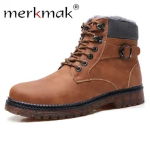 Merkmak/повседневные мужские ботинки зимние теплые ботинки на меху мужская кожаная обувь на шнуровке Нескользящие мотоботы большой размер 39-47, плоская подошва