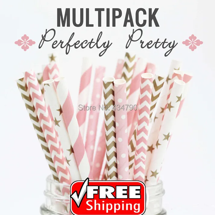 

250 шт. смешанных фотобумажных соломинок отлично красивых, детский розовый и золотой шеврон, полосатый, звезда, швейцарская точка, фотография