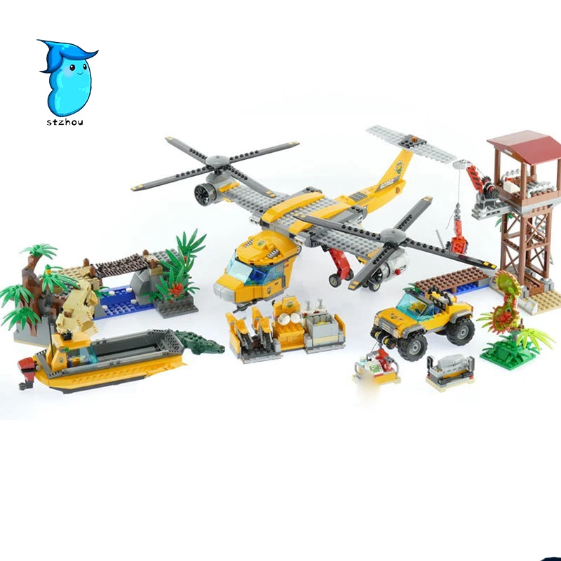

StZhou 10713 1298Pcs City Figures Jungle Air Drop Helicopter Model Building Kit Blocks Bricks Toy For Children Gift Compatible