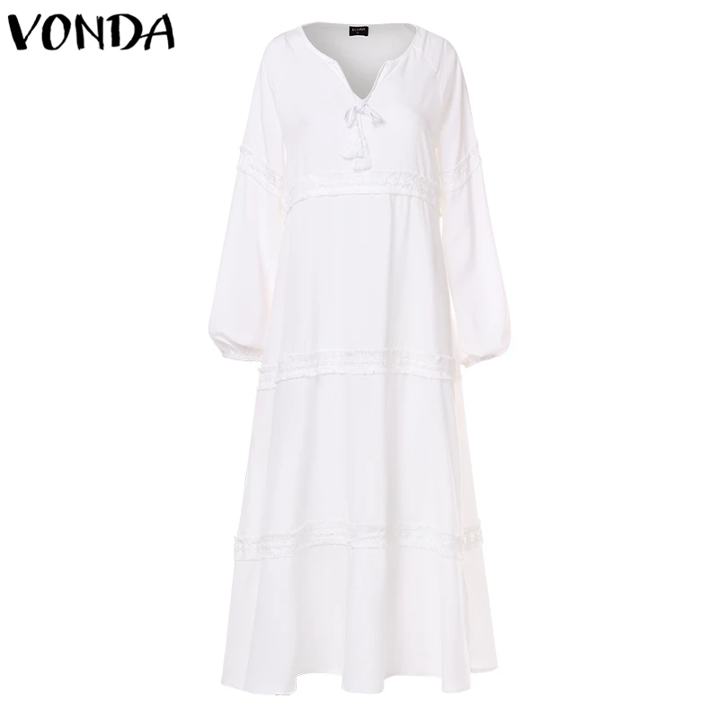VONDA размера плюс богемное женское Макси длинное платье Весна v-образный вырез полый длинный фонарь рукав осенние платья повседневные свободные Vestido - Цвет: White