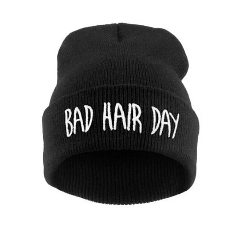 Модные спортивные теплые зимние шапки с надписью «Bad Hair Day», шапки бини для женщин и мужчин, вязаные шапки в стиле хип-хоп, шапки унисекс - Цвет: Черный