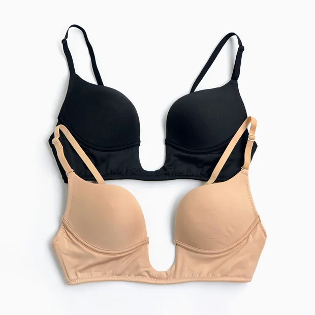 

new design fashion black skin color glossy plunge bra evening dress underwear female low bust bra
