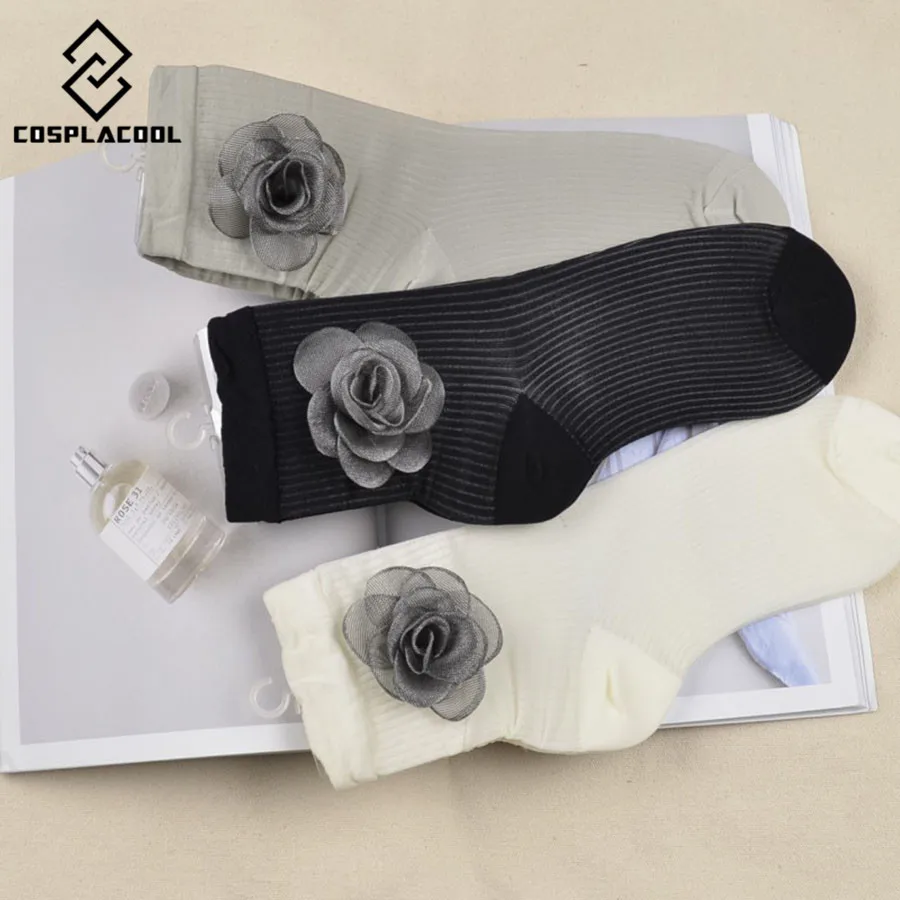 [COSPLACOOL]Fashion Brand Europe Hand-made Flowers Shining Silver Lace Heap Heap Socks Women/Students Socks Meias Calcetines