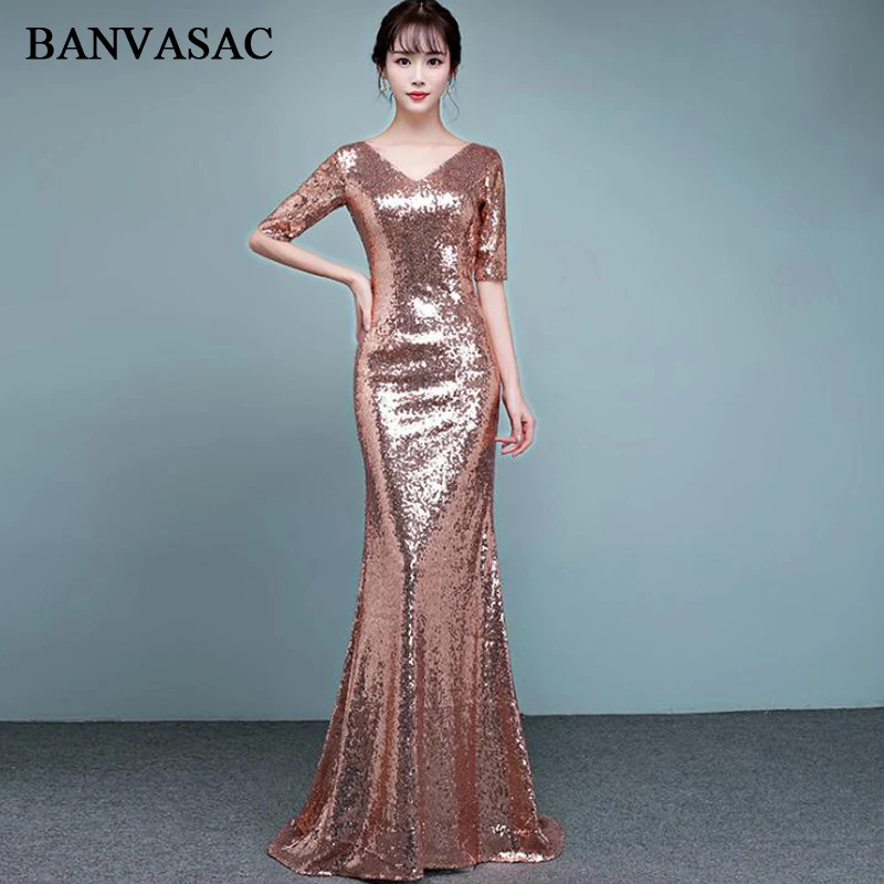 

BANVASAC 2018 V Neck Sequined Rose Gold Mermaid Long Evening Dresses Elegant Party Half Sleeve Backless Prom Gowns