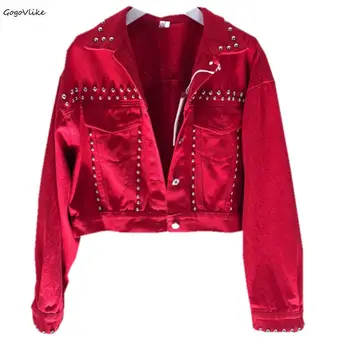 

Punk Denim Jackets Coats Red Jeans jacket 2019 New Autumn Rivet Hip Hop Jeans Coat Big Size Coats Short Design Korean LT525S50