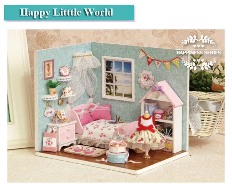 Dollhouse Room Diy Toy House Happy Little World Miniature Assemble Kits Lighting Miniature Dollhouse Handmade Wooden House Toy (1)