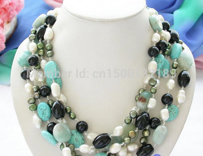 

j00357 5row black agate Turquoise jade freshwater pearl NECKLACE NEW