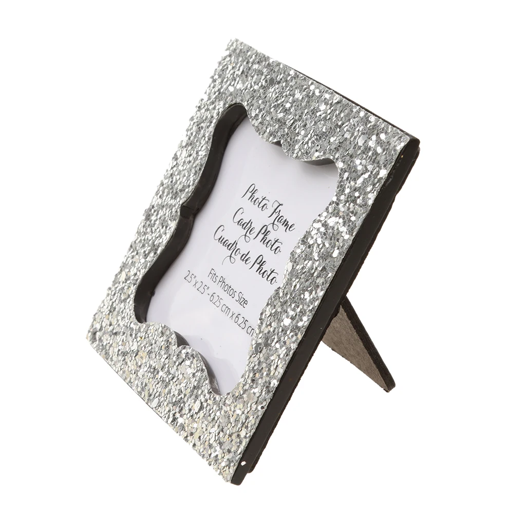 Shiny Sequin Small Photo Frame With Back Stand Wedding Party Office Desk Decor Silver