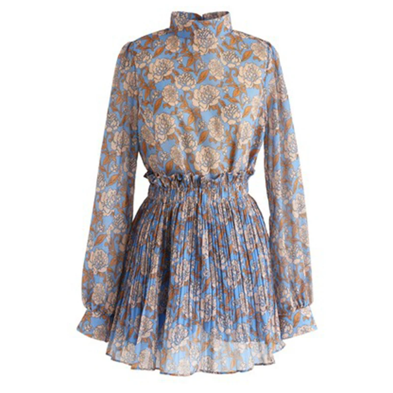 

PERHAPS U blue navy blue stand collar long sleeve pullover floral print mini ruffle pleated a line skirt two piece set T0101