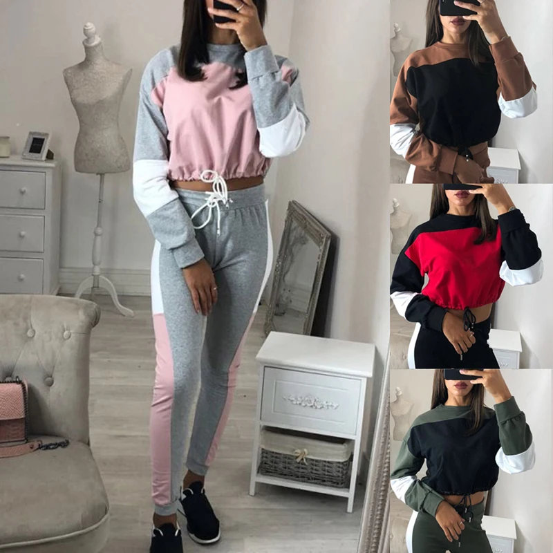 

CALOFE Women's Running Sets Slim Sport Suit Workout T-Shirt 2018 Lace-Up Sports Sets Stitching Contrast Color Pants Sets