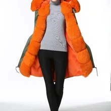 Стиль оранжевый искусственный мех и натуральный Лисий мех на манжете "Популярная Россия" парка с мехом для женщин