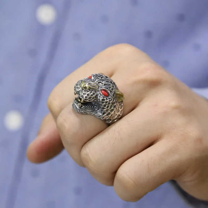 

New 925 Sterling Silver Punk hot popular leopard Opening ring For Man Hip pop/Rock