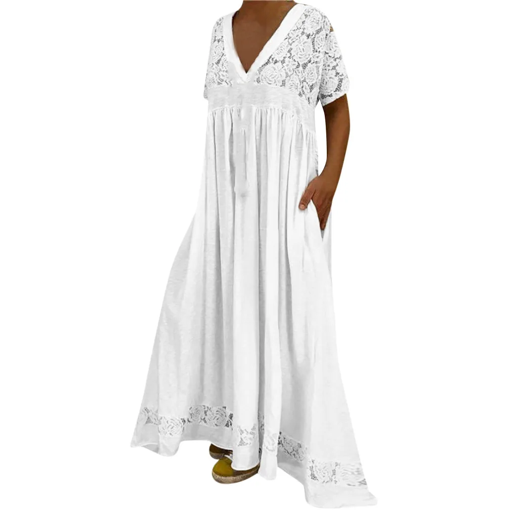Белое платье для женщин размера плюс, летние сплошные кружевные лоскутные свободные длинные платья макси с коротким рукавом и карманами, плиссированные платья