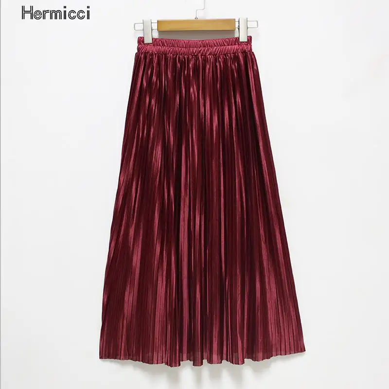 Hermicci 2020 Fashion Skirts Summer Pleated Long Skirts Women Metallic Midi Skirts Faldas Largas Mujer