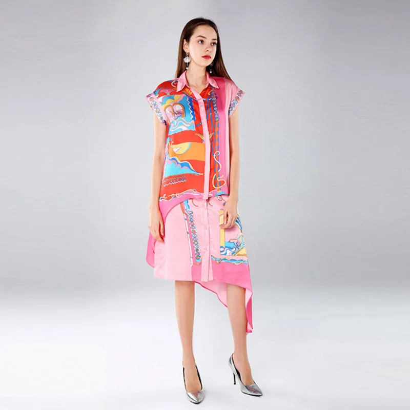 2019 Spring Summer New Amazing Light Cooked Temperament Cartoon Positioning Printing Doll Collar Irregular Shirt Long Skirt Suit 2019 Spring Summer New Amazing Light Cooked Temperament Cartoon Positioning Printing Doll Collar Irregular Shirt Long Skirt Suit