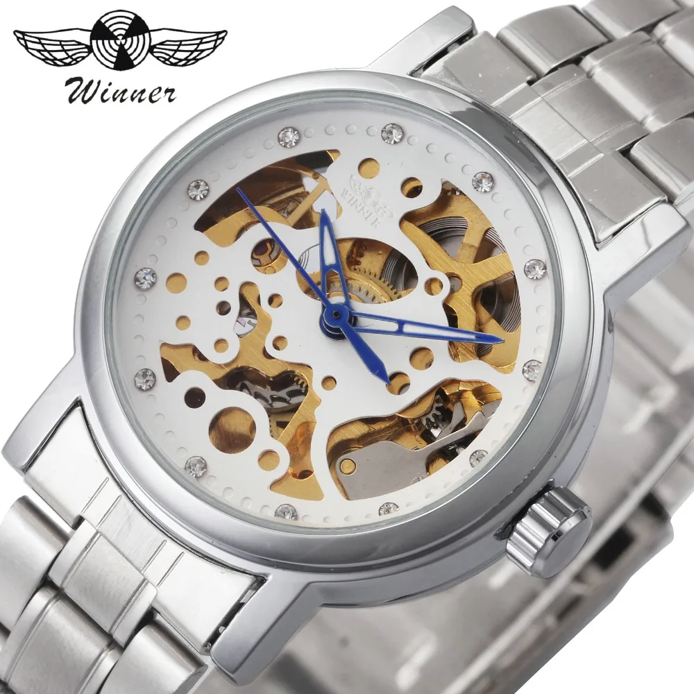 

WINNER Top Brand Luxury Watches Women Auto Mechanical Golden Skeleton Dial Stainless Steel Strap Crystal Decorated Ladies Watch