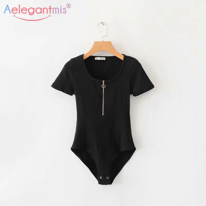 

Aelegantmis White Black Women Bodysuit Sexy Party Skinny Summer Bodysuits Zippers Short Sleeve Casual Jumpsuit Rompers 2019