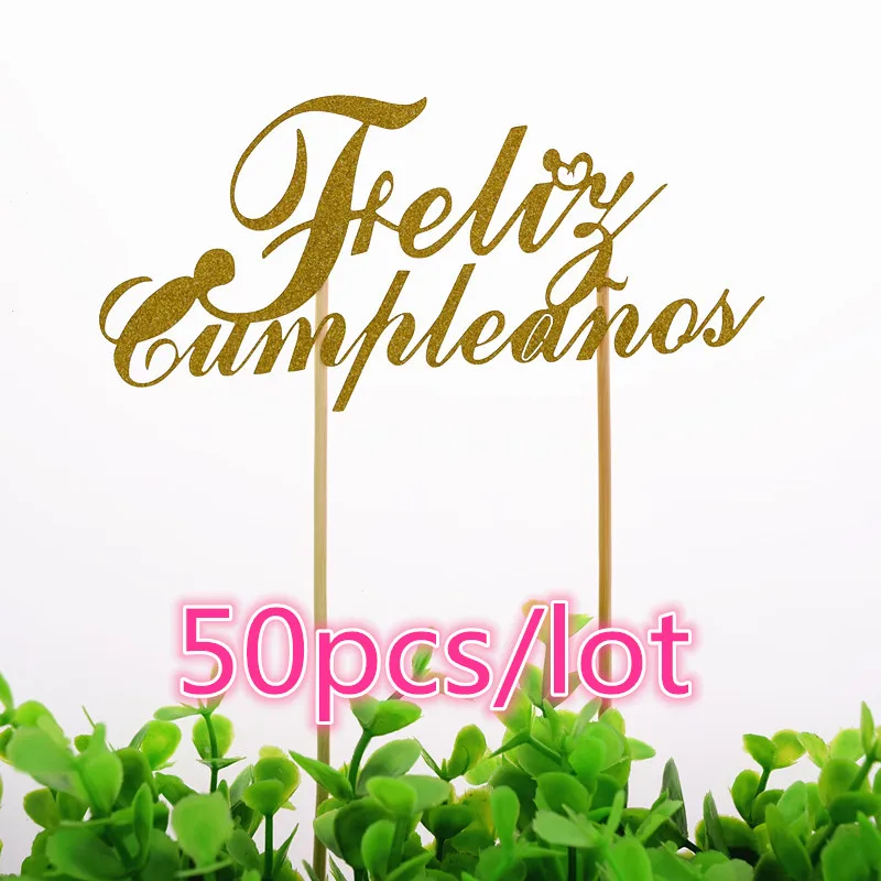 50pcs/lot Wholesale Spainish Feliz Cumpleanos Cake Flag Topper Happy Birthday Glitter Birthday Party Cake Baking Decor S