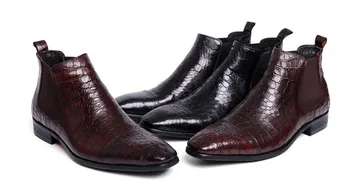 

Fashion retro embossed elestic band ankle boots pointed toe low heels casual boots leather retro men boots