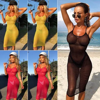 

Hot 2019 Women's Bikini Long Cover Up Beach Dress Cardigan Mesh Summer Beach Transparent Dress Solid Color HOT SALE