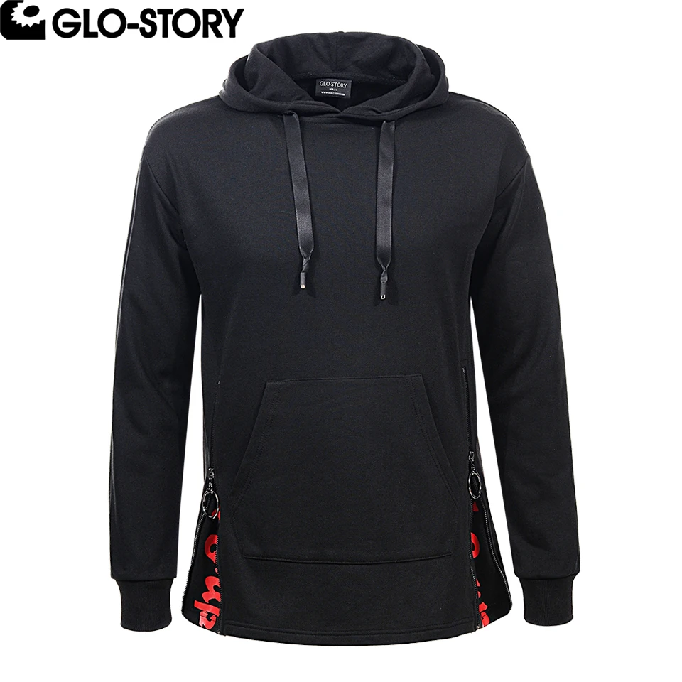 

GLO-STORY Men's Front Pockets Hoodies Men Side Slit Zipper Whit Contrast Color Print Hip Hop Hoodies MPU-6184