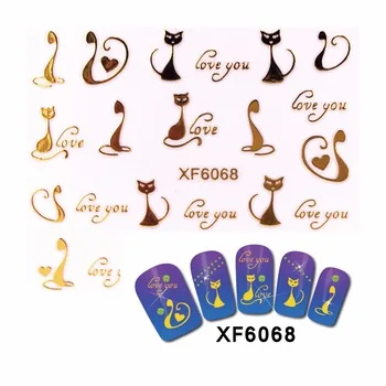 WUF 1 Sheet 3D Nail Stickers Beauty  Hot Gold Cute Cat Design Nail Art Charms Nails Bronzing Decals Decorations Tools  6068