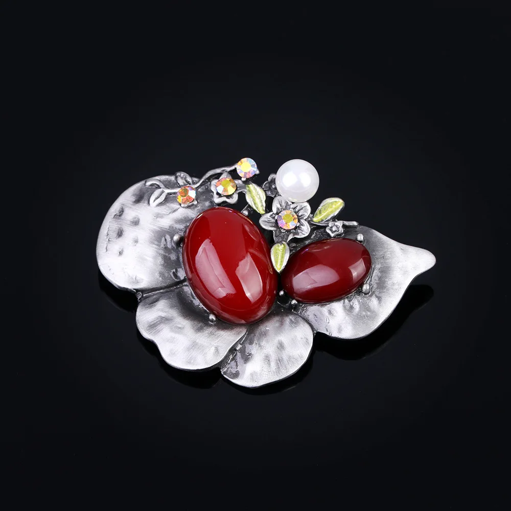 

Luxury Vintage Brooch Women Flower Red Resin Stone Broches Brooch Ladies Lapel Hijab Corsage Pin Turkish Ethnic Jewelry