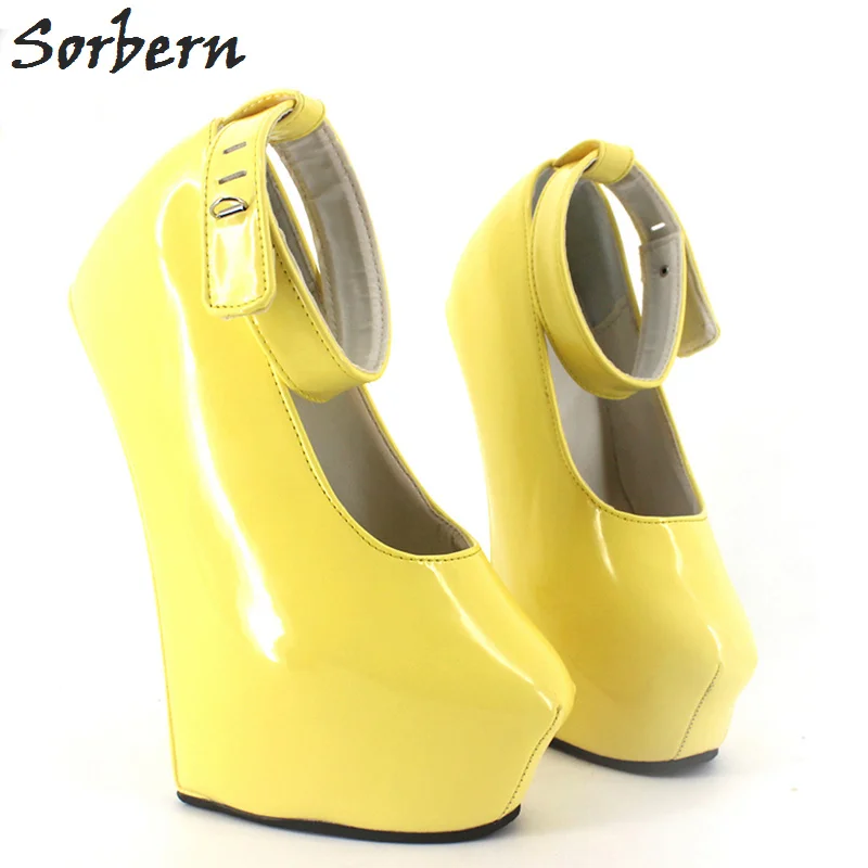 Sorbern/пикантные туфли-лодочки на платформе с ремешком на щиколотке; туфли-лодочки на платформе с замочком и ремешком на замке; лакированные черные туфли; Новинка; женская обувь - Цвет: Цвет: желтый