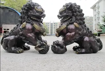 

China Red Bronze Copper Feng Shui Evil Guardian Door Fu Foo Dog Lion Pair