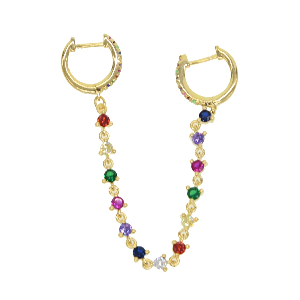 

2019 Top quality colorful charming tassel earrings Double hole mini Gold hoops with rainbow white cz chain women gift jewelry