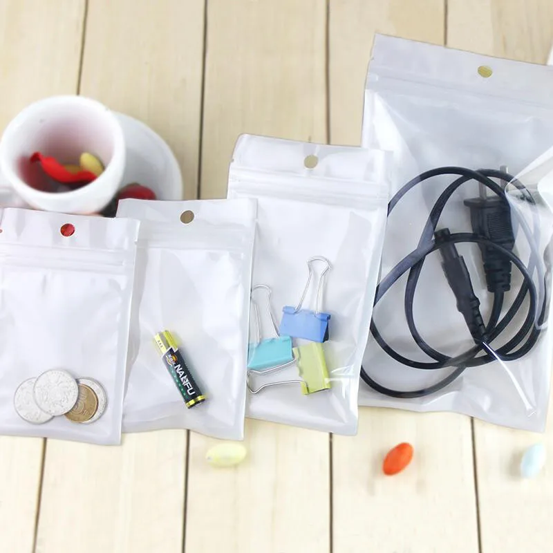 

100 Pcs White Clear Self Seal Zipper Plastic Retail Packaging Poly Bag Zip Lock Storage Bag With Hang Hole for Food Jewelry