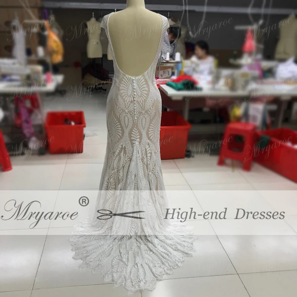 Mryarce Unique Lace Bohemian Wedding Dress With Cap Sleeves Open Back Mermaid Boho Bridal Gowns  (2)