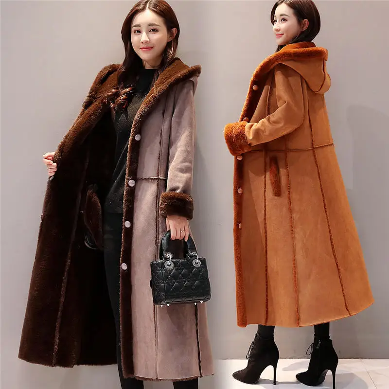 Осенне-зимняя женская замшевая куртка с капюшоном, пальто с длинным рукавом, теплая мягкая овечья шерсть, утепленная длинная куртка, зимнее пальто Abrigo Mujer Q632