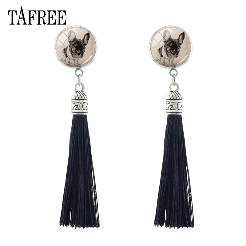 

TAFREE Cute Dog Tassel Stud Earrings Newest Arrival Bohemia Statement Tassel Earrings Cat Owl Art Picture Animal Jewelry A113-25