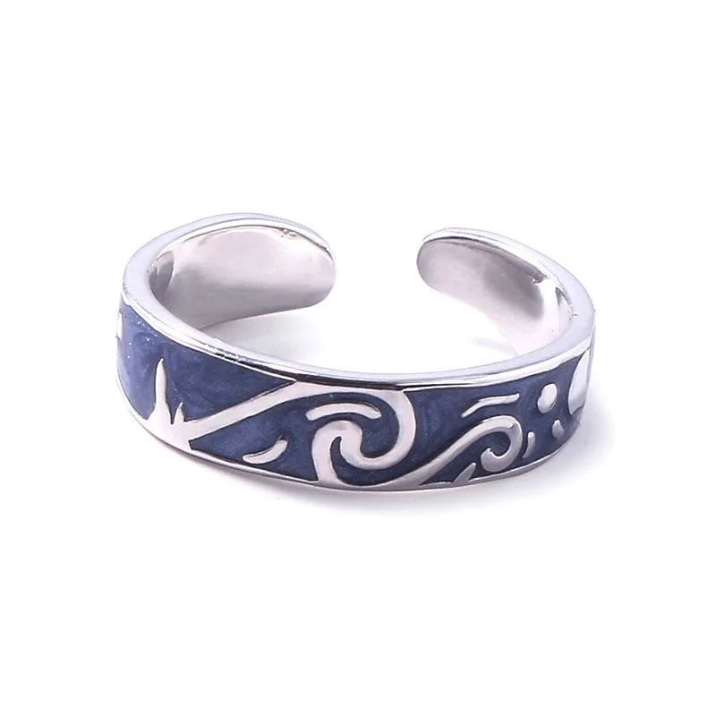 Couple Jewelry Van Gogh Star Sky Ring Stainless Steel Blue Drop Glaze Finger Rings (4)