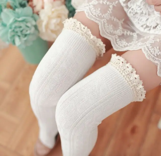 Japanese Lace Ruffles Slim Thigh High Socks Girl Preppy Hemp Flowers Vertical Bar Pure Cotton Stocking Knee-high Fashion Socks 6