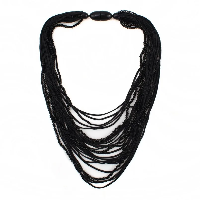 Florosy длинная веревочная цепочка ручной работы, новое модное массивное ожерелье для женщин, многослойное массивное ожерелье из хрустальных бусин, ювелирное изделие - Окраска металла: black black bead