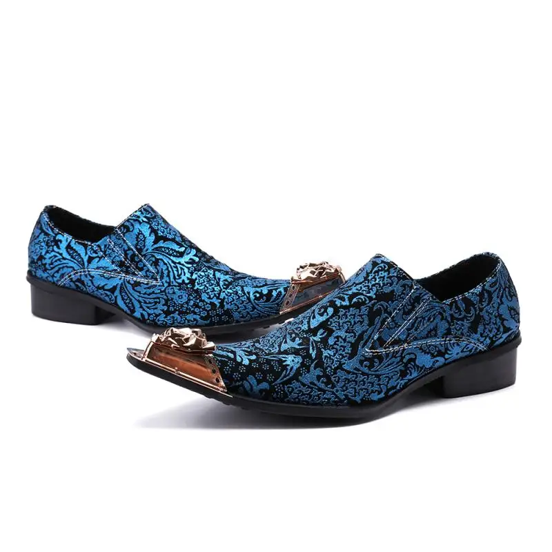Sapatas Floral Escritório Masculino Dos Sexo Mocassins Homens Do Italiano Apontou De Casamento Impresso Toe Genuíno Em Azul Festa Blue Banquete Couro Vestido Metal Deslizamento Xqpnadw