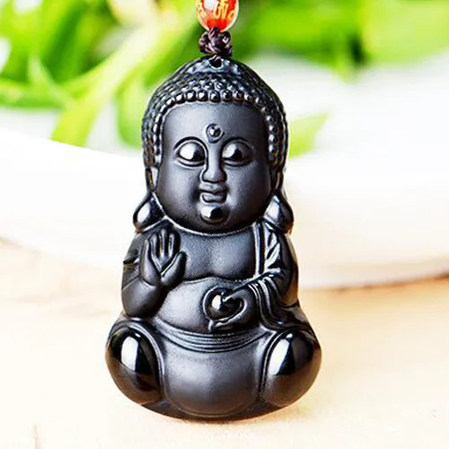 100/% Naturel Noir Obsidian Carved bébé Bouddha chanceux pendentif Perles Collier