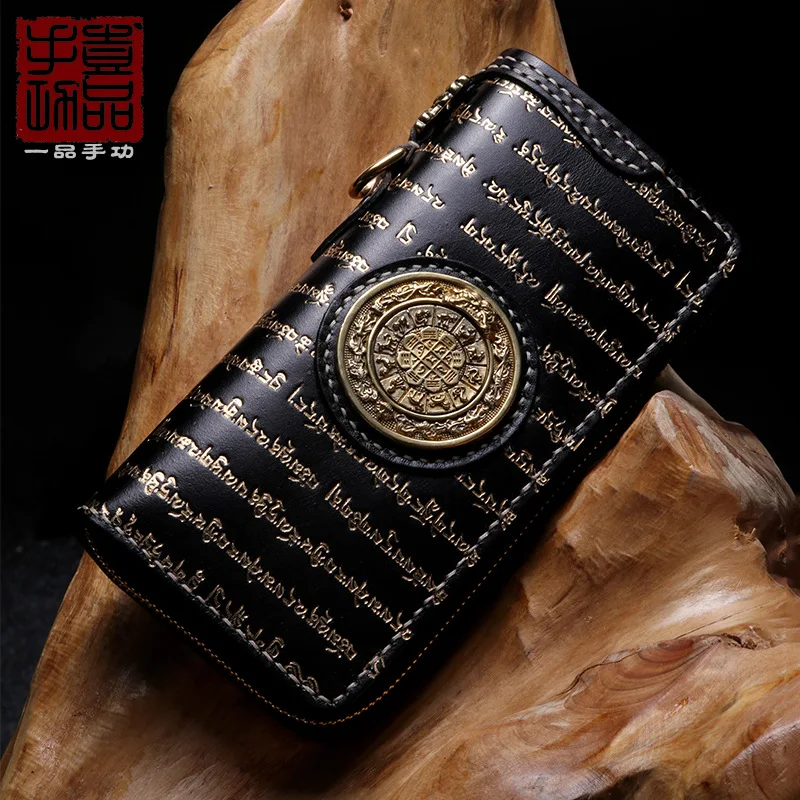 

Unisex handmade long Tibetan Sanskrit zipper wallet First layer leather multi-card wallet retro personality large capacity clutc