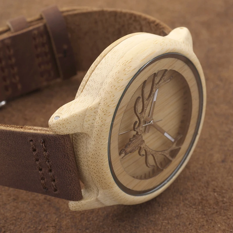 Deer Head Design Hollow Out Bamboo Wood Quartz Watch With Leather Strap Men Casual Watches