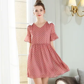 

2018Summer Ladies Plus Size polka dot cute chiffon Dress lace patchwork V neck flare sleeve flare dress casual vestido tunic 5XL