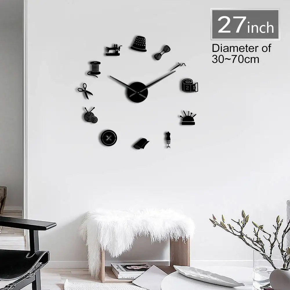 

Sewing Instruments Tools Giant DIY Wall Clock Seamstress Designer Mirror Effect Wall Art Room Decor 3D Frameless Clock Watch